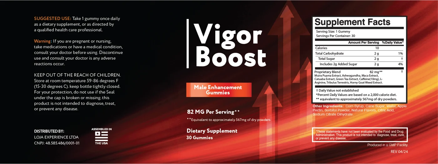 Vigor Boost label with Supplement Facts: 82 mg proprietary blend of Muira Puama, Ashwagandha, Maca, Catuaba, Green Tea, Caffeine 10 mg, L-Arginine, Tribulus Terrestris and Horny Goat Weed per gummy